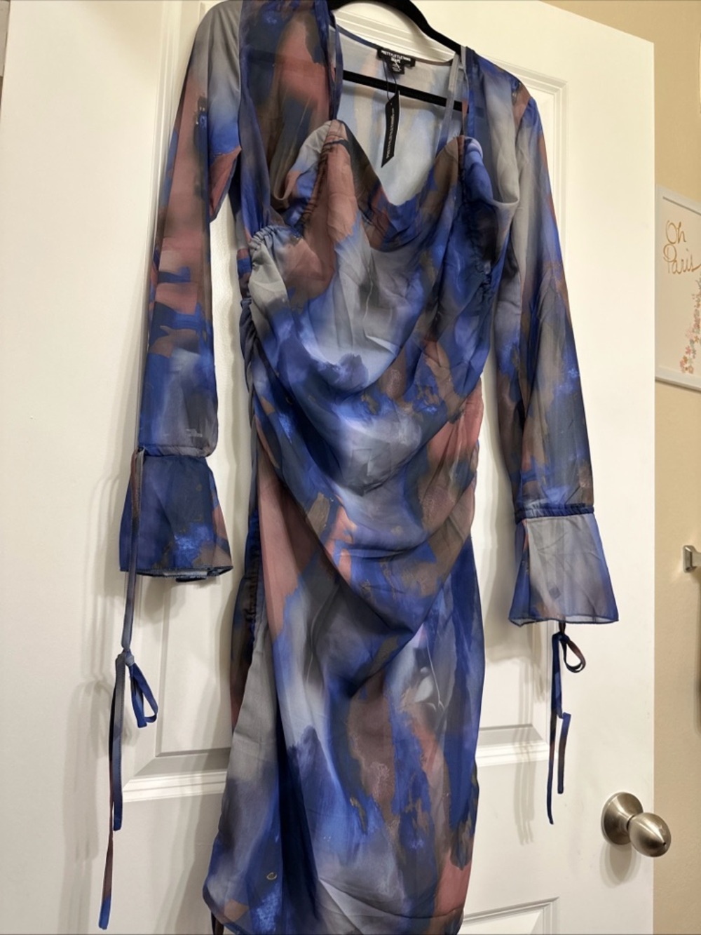 PrettyLittleThing Blue & BrownFloral Sheer Wrap Top size 6 US - Picture 5 of 5